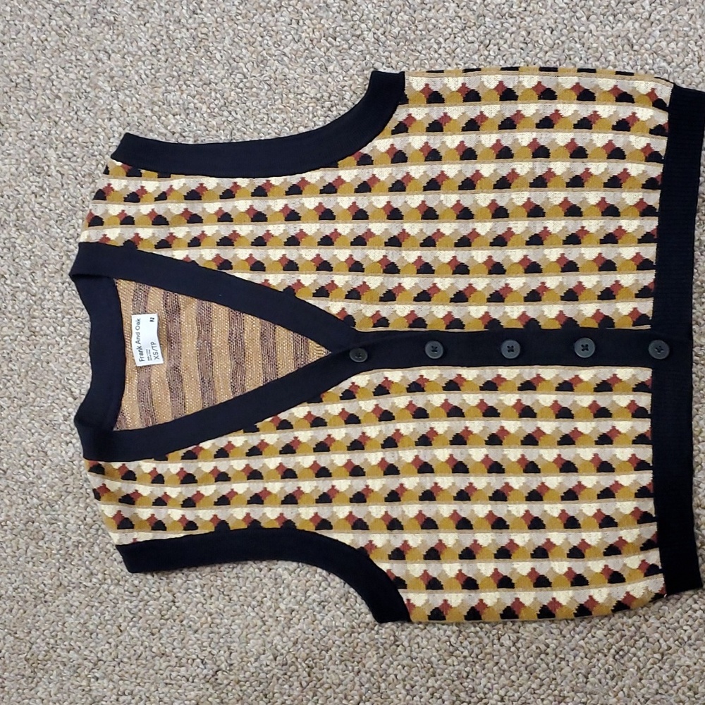 Frank & Oak Women's Geometric Knit Button-Up Vest in Black, Yellow, Brown
